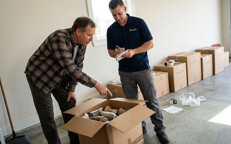 A homeowner directing sorting decisions while a technician listens