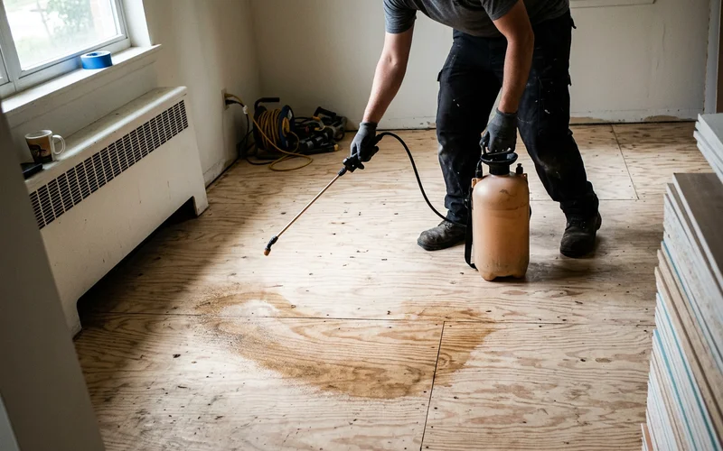 Subfloor being treated with enzyme digester solution
