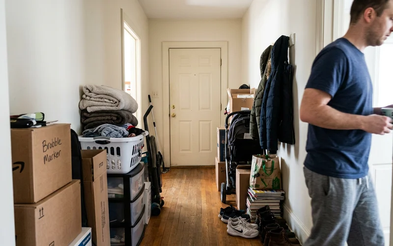 A narrow walking path between stacked belongings in a hallway