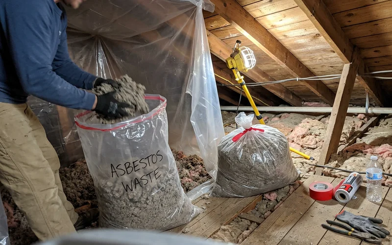 Contaminated insulation being bagged under containment