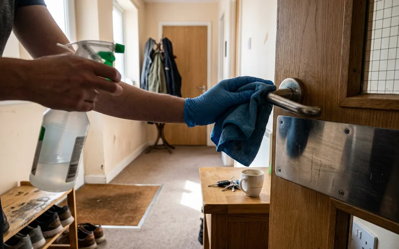 A high-touch door handle being wiped with disinfectant