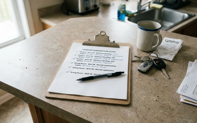 An itemized remediation scope document on a clipboard