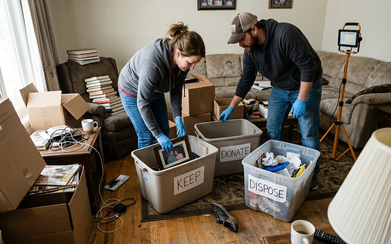 Crew sorting belongings into labeled keep, donate, and dispose bins