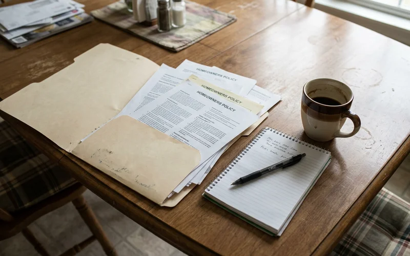 Homeowners policy documents spread across a dining table