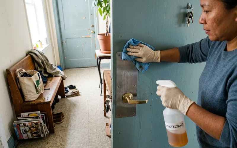 High-touch surface being disinfected with an EPA-registered product