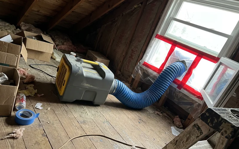 A HEPA negative-air machine set up for attic containment