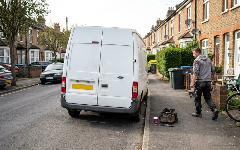 An unmarked work van parked quietly on a residential street