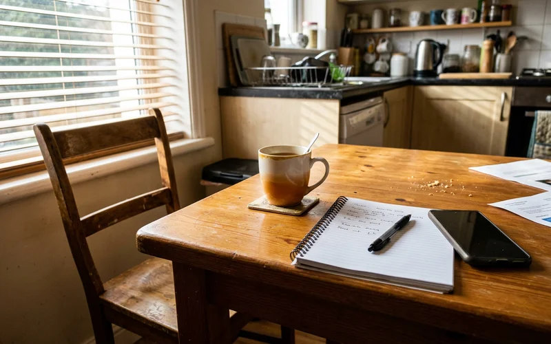 A kitchen table with a notepad and phone during difficult calls