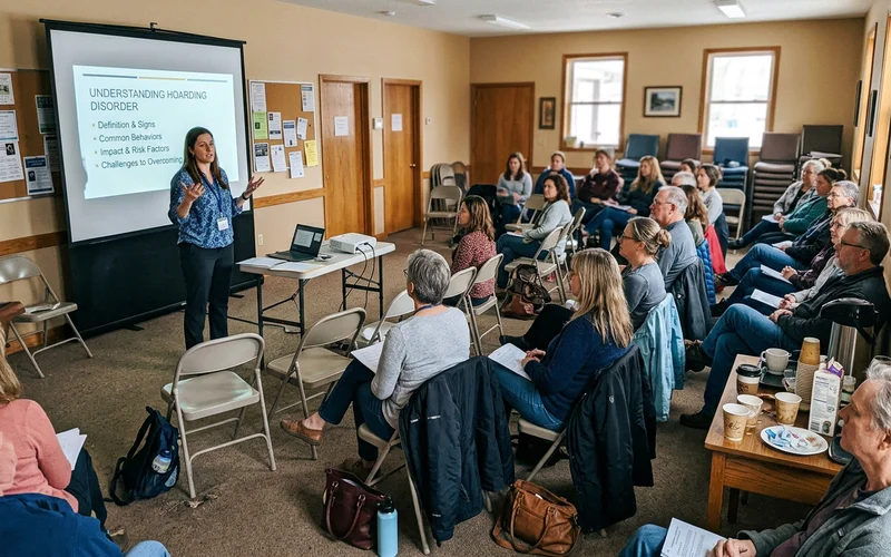 A speaker addressing a community audience about hoarding disorder