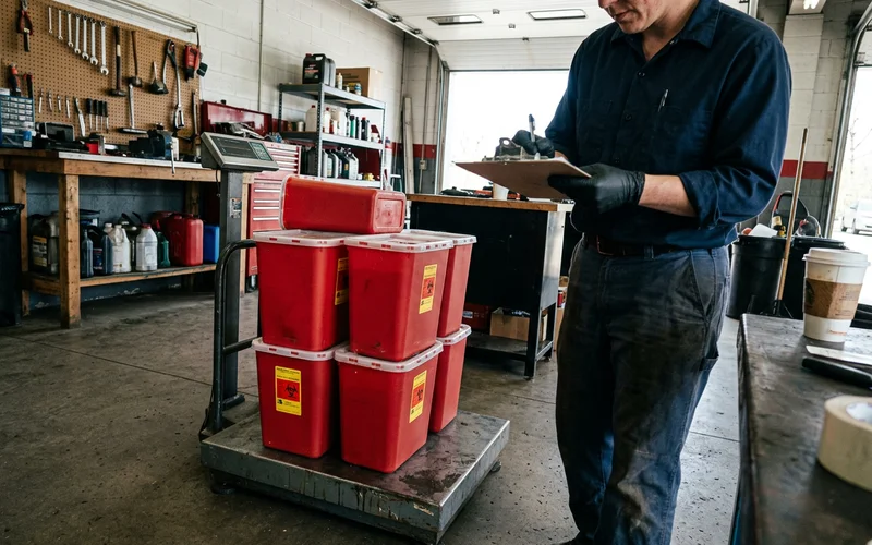 Regulated medical waste containers being weighed for disposal