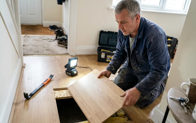 A technician lifting flooring to inspect the subfloor for strike-through