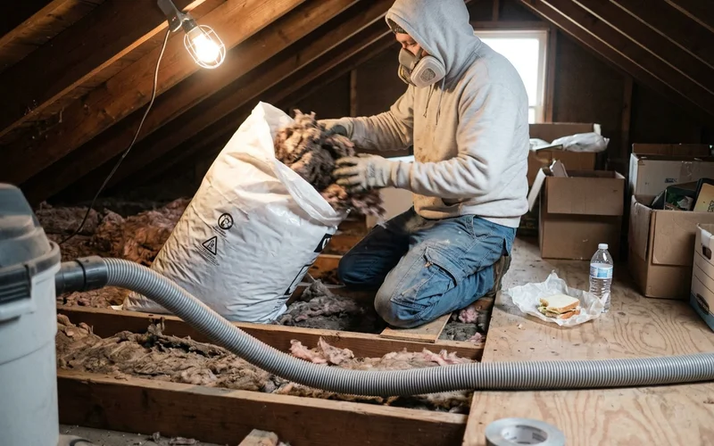Contaminated attic insulation being removed into sealed bags