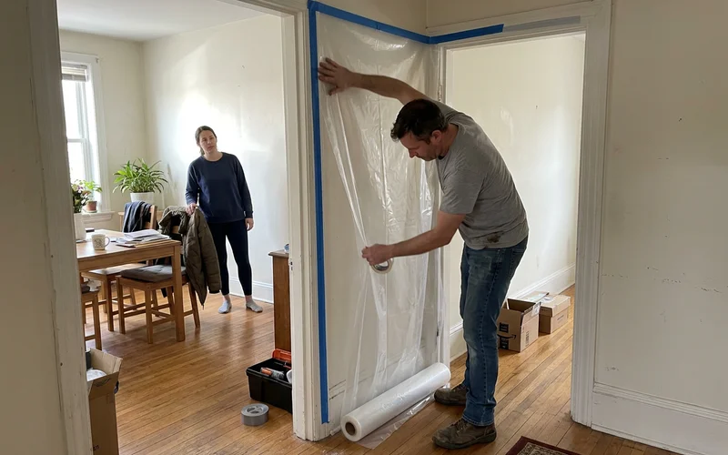 A technician setting up containment at a doorway
