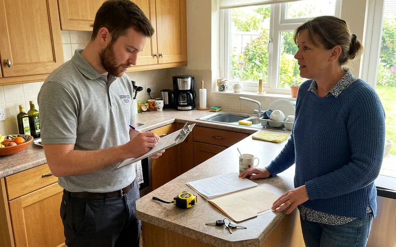 A technician writing a written scope while speaking with a homeowner
