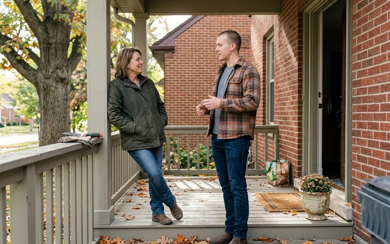Two family members talking calmly on a front porch