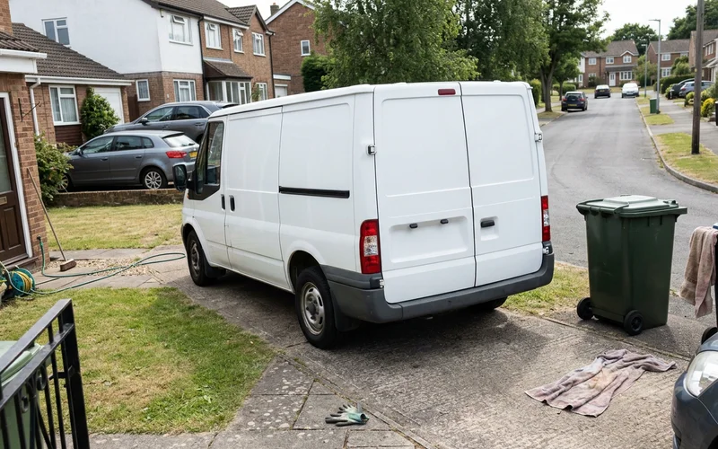 An unmarked work van in a suburban driveway