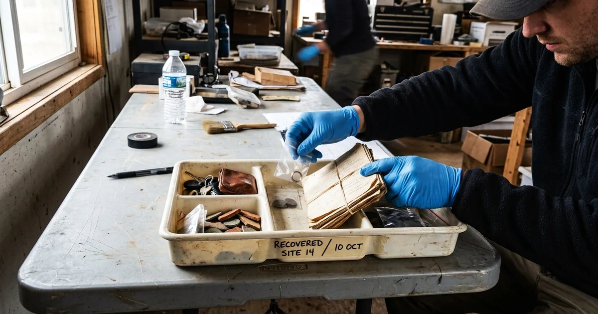 Gloved hands setting recovered jewelry and documents into a labeled tray