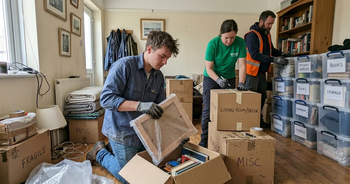 A crew sorting and boxing belongings respectfully during a hoarding cleanup