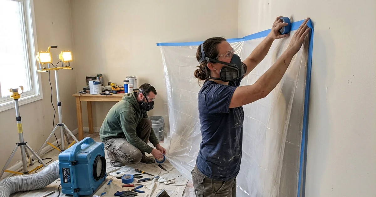 A crew setting up containment and cleaning a contaminated room