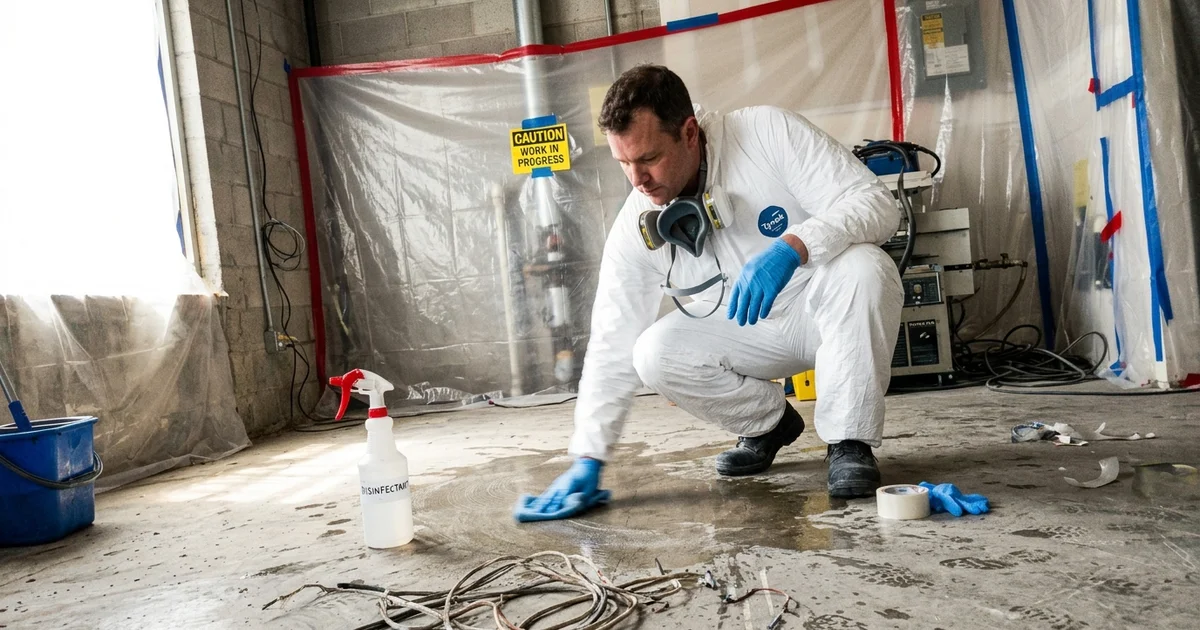 A gloved technician applying disinfectant with containment materials in place