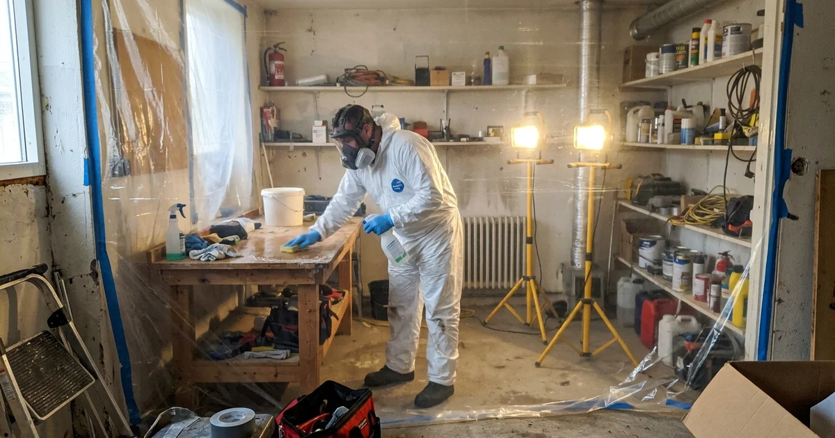 A technician in protective equipment cleaning a contained room