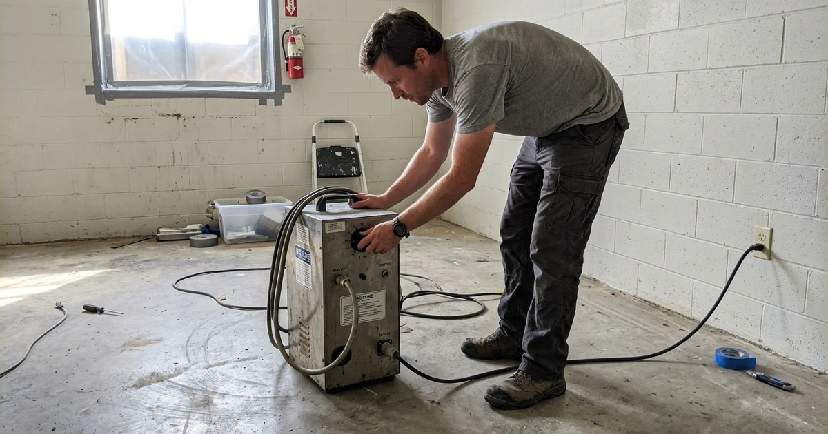 A technician operating a hydroxyl generator in a cleared room