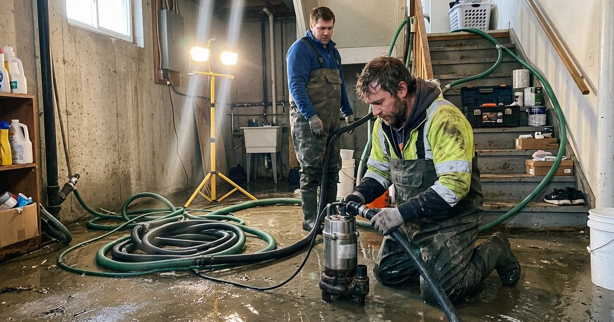 Technicians extracting water from a flooded basement