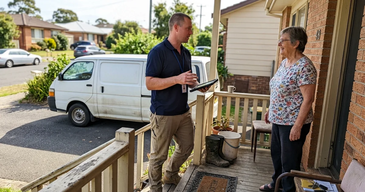 A crew member speaking quietly with a family member on a porch