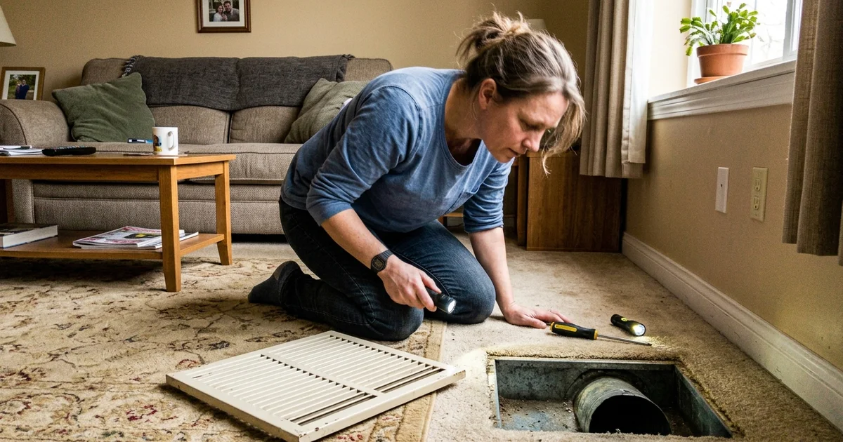 A homeowner trying to locate a lingering smell near a floor vent
