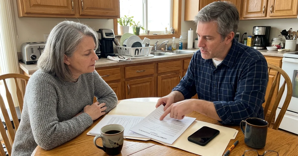 A family member reviewing insurance paperwork with an advisor at a kitchen table