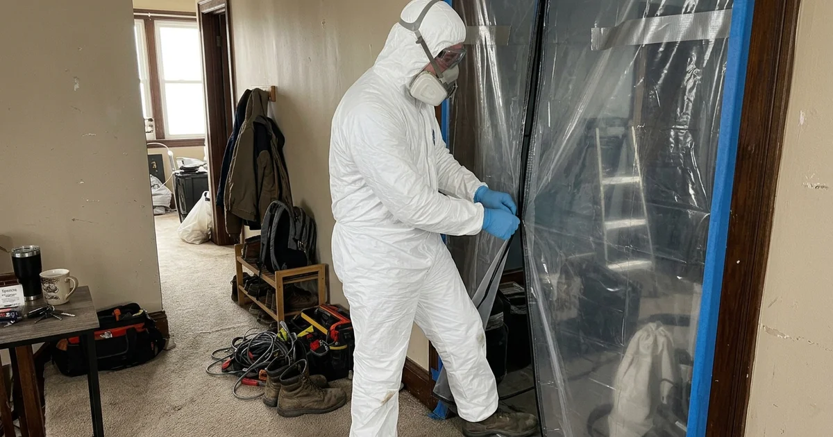 A technician in full protective equipment entering a contained work zone