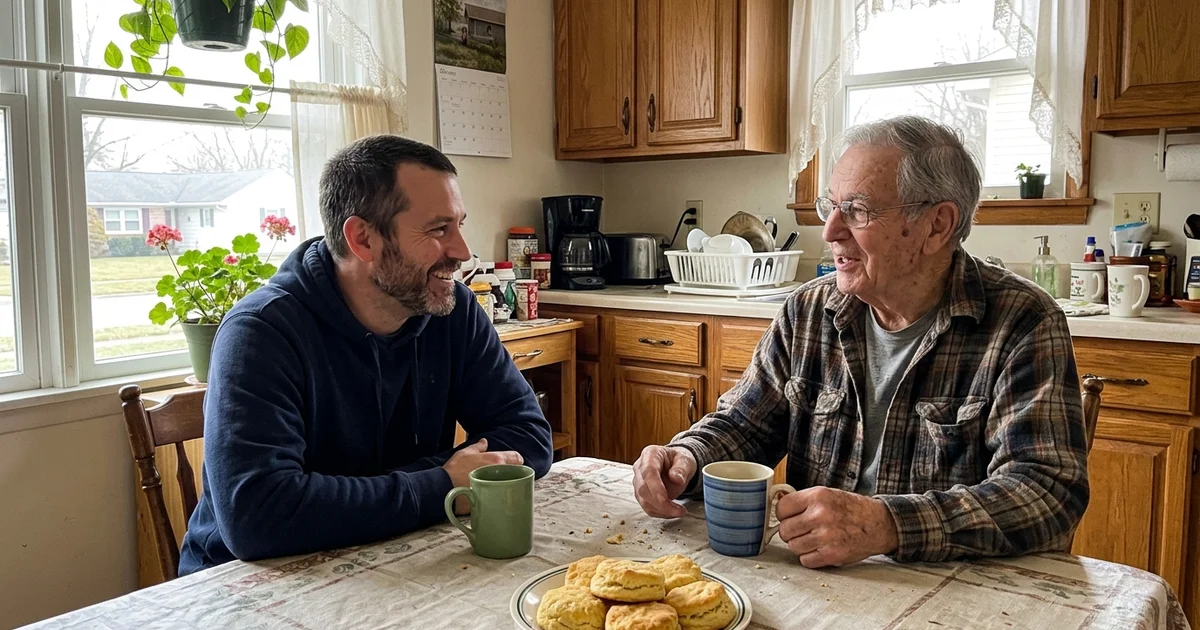 An adult child sitting supportively with an older parent at home