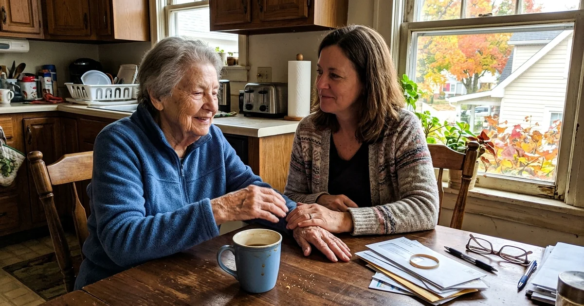 An adult daughter sitting with her mother at a kitchen table during a fall visit