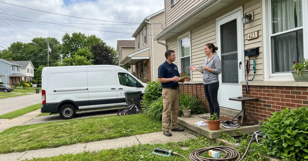 An unmarked van arriving as a technician greets a family member