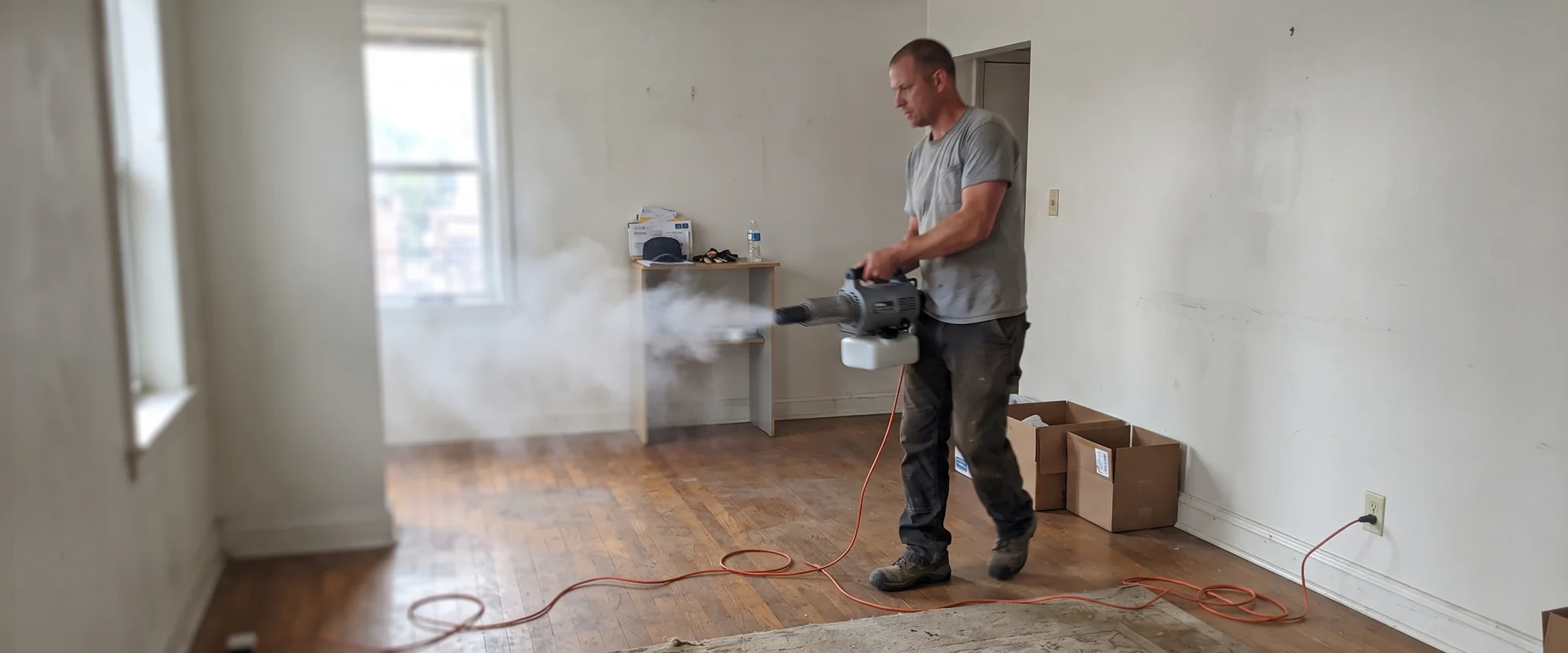 Technician running a thermal fogger in an emptied apartment during odor removal