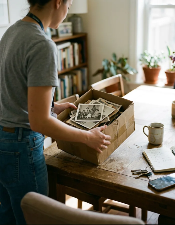Recovered family photographs set aside during a cleanout