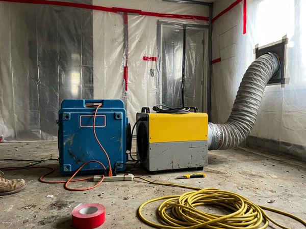 HEPA air scrubber running inside a contained work area