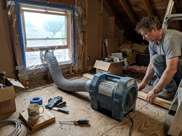 HEPA negative-air containment set up for attic remediation